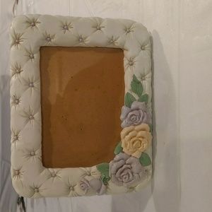 vintage tuffed picture frame with light purple cream flowers